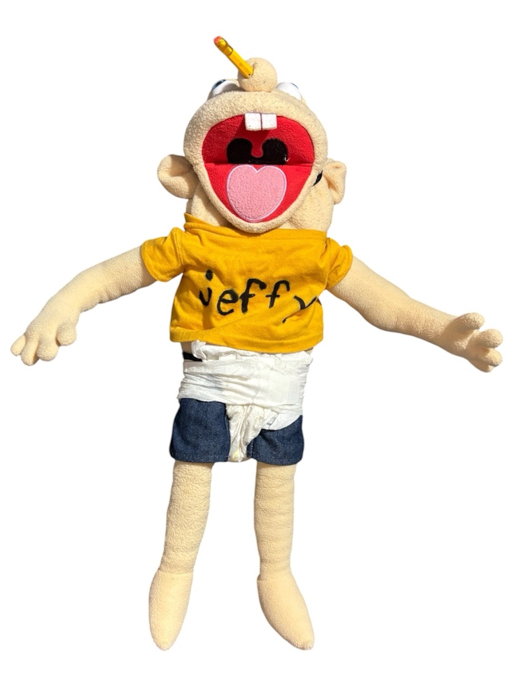 Jeffy Puppet with Yellow Shirt and Blue Shorts